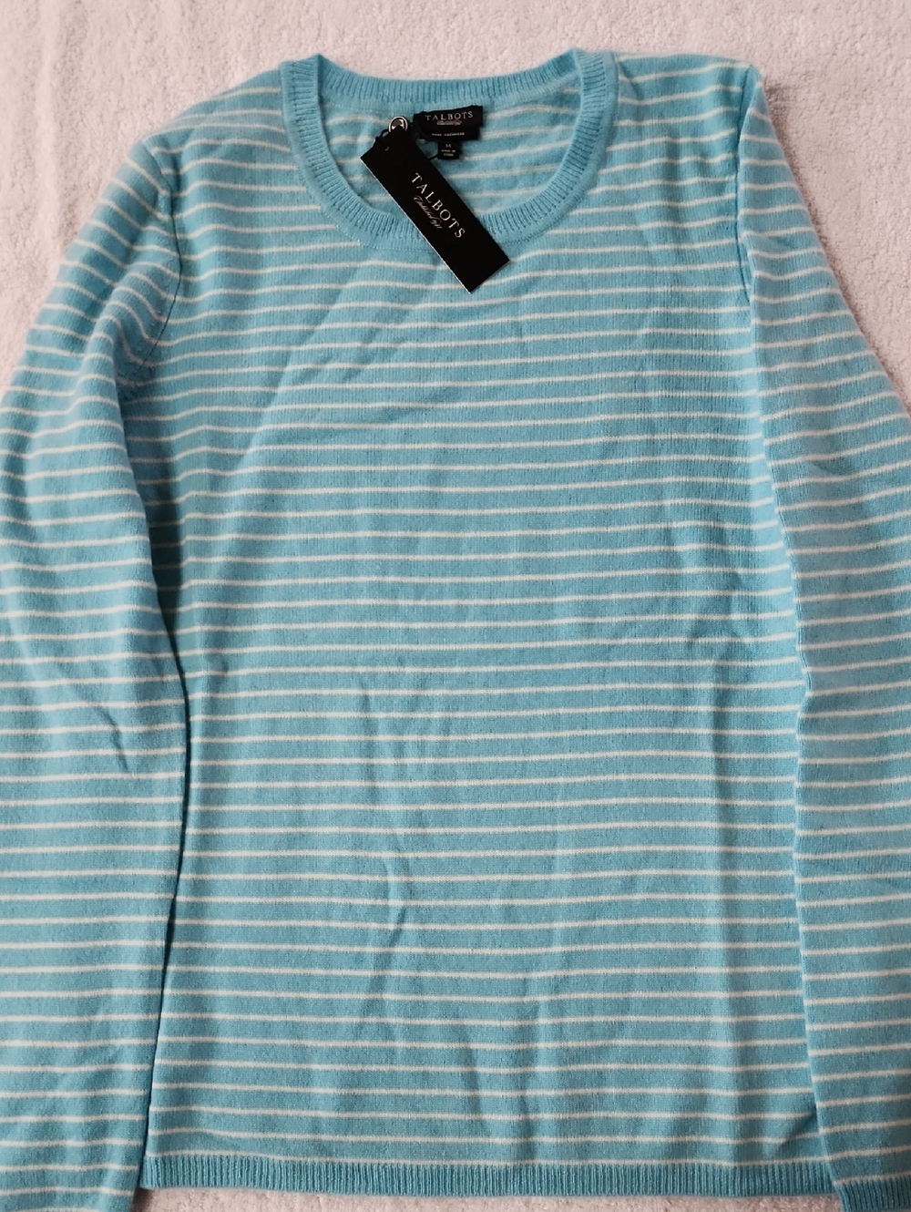 Talbots Women's  Aqua/White Striped Crewneck Cashmere Sweater Size M New